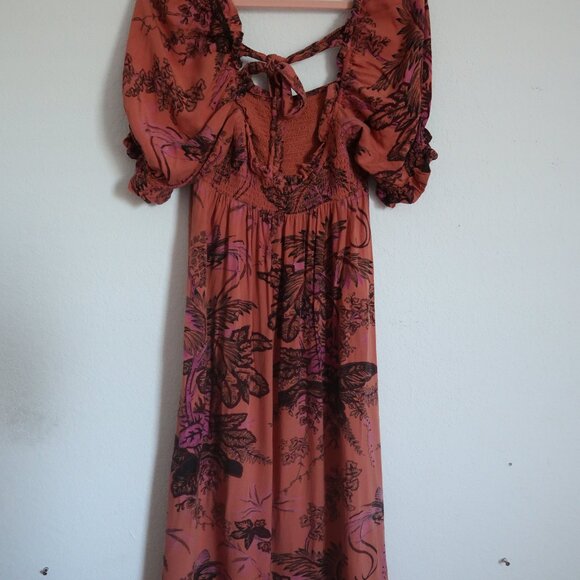 Anthropologie Puff-Sleeve Smocked Dress Midi Floral Orange Size Small - Picture 11 of 12